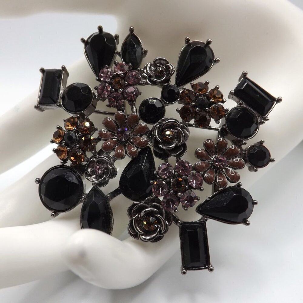 Vintage Black Pink Topaz Rhinestone Brooch, Floral Design on Silver Tone, 2 1/2"
